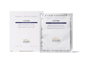 Biologique Recherche Platysma chin mask comes in a box and pouch with white packaging, blue text, and a gold leaf logo, designed for anti-ptosis skincare.