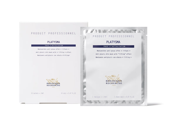 Biologique Recherche Platysma chin mask comes in a box and pouch with white packaging, blue text, and a gold leaf logo, designed for anti-ptosis skincare.
