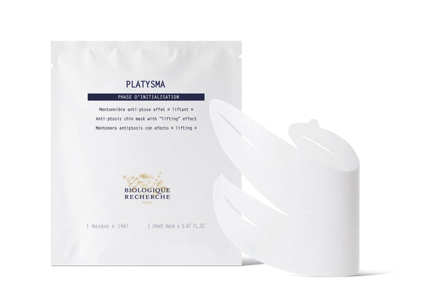The Biologique Recherche Platysma is an anti-ptosis chin mask designed for a lifting effect, enhancing your jawline. It is presented alongside its elegant packaging.