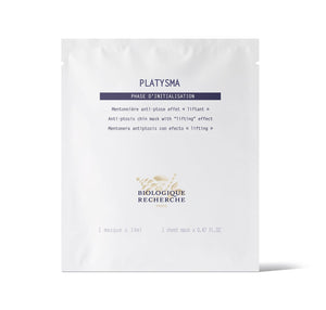 White pouch of Biologique Recherche Platysma anti-ptosis chin mask featuring branding and a multilingual product description to improve your jawline.
