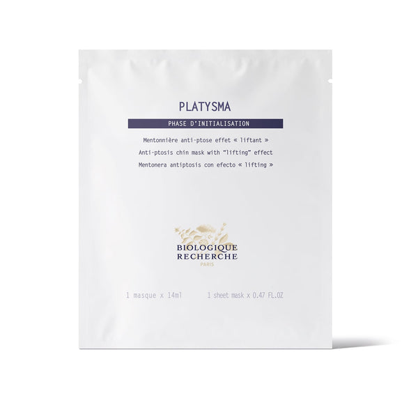 White pouch of Biologique Recherche Platysma anti-ptosis chin mask featuring branding and a multilingual product description to improve your jawline.
