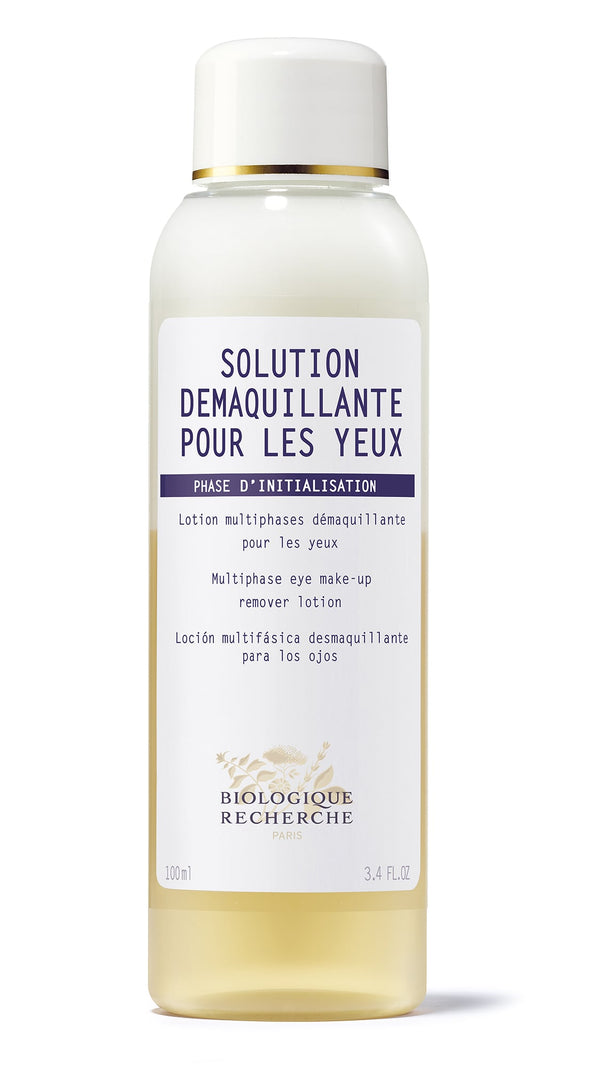 A 100 ml Biologique Recherche Solution Démaquillante pour les Yeux, with a hypoallergenic formula and gold-capped design, removes even waterproof eye makeup effectively.
