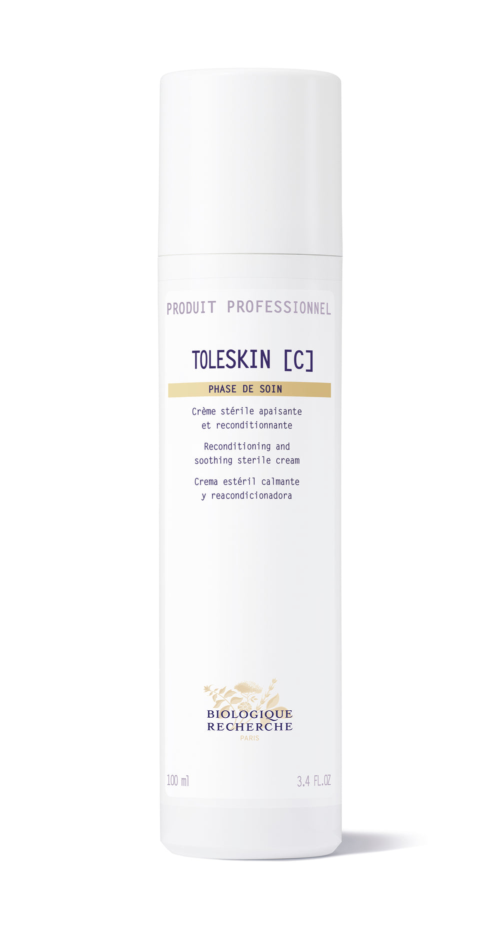 White bottle of Biologique Recherche Creme Toleskin, a sterile reconditioning and soothing cream for sensitive, red skin, beside its matching box.