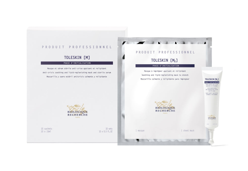 The Biologique Recherche Masque Toleskin sheet mask and cream tube, set against a plain background, are crafted to soothe skin reactions and shield the epidermis from external stress.