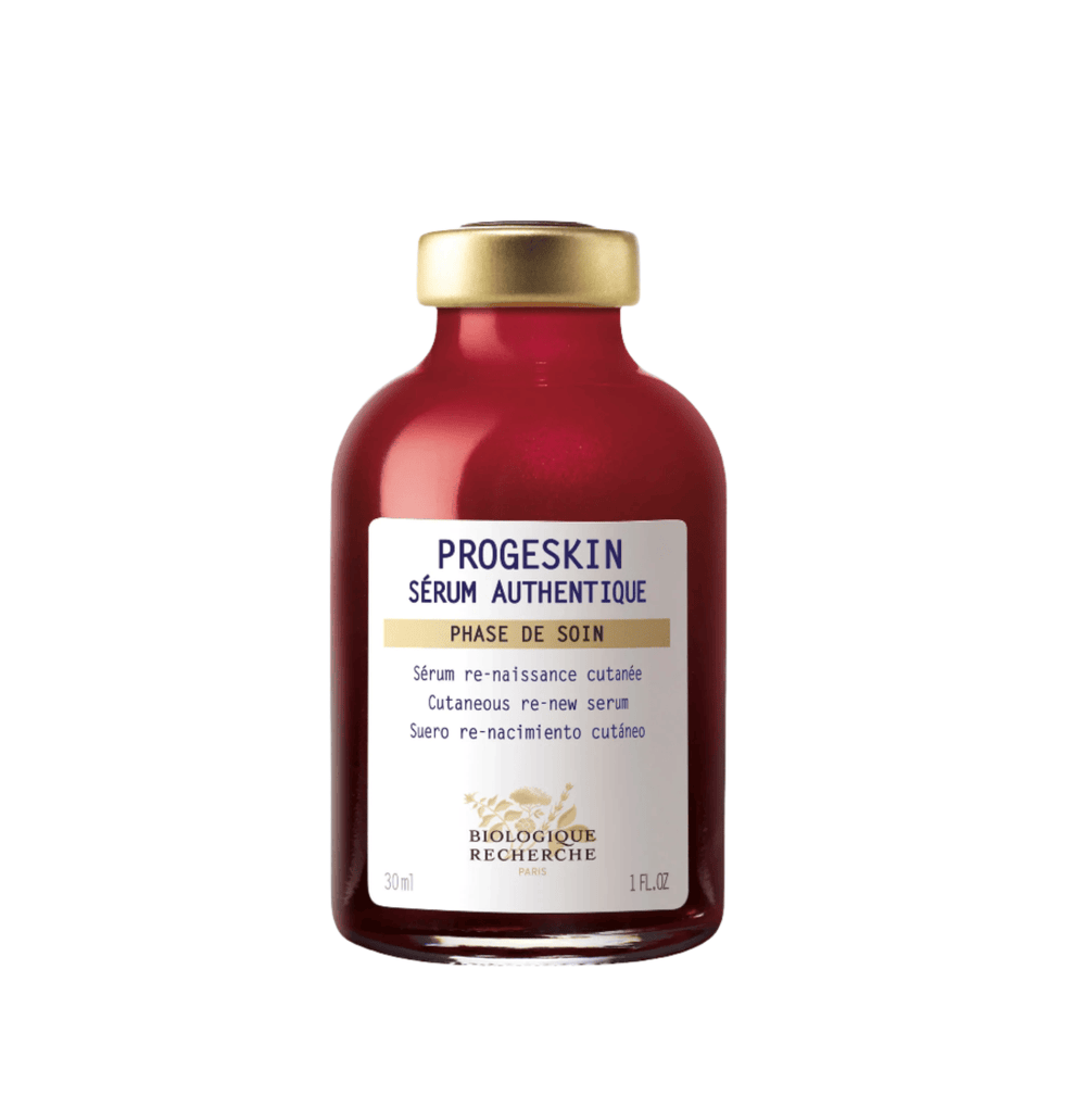 The Biologique Recherche Serum Progeskin 1 oz, in a red bottle labeled "Sérum renaissance cutanée" and "Cutaneous re-new serum," provides firmness and deep hydration.