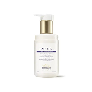 Biologique Recherche Lait S.R. 5.1 oz is a purifying cleanser in a sleek white bottle with a gold and white pump, designed to unclog pores and rebalance skin.