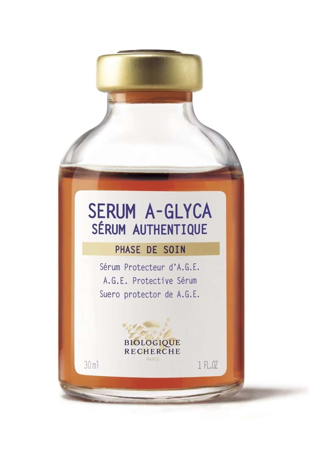 A bottle of Biologique Recherche Serum A-Glyca, labeled as A.G.E. Protective Serum, with a 30 ml capacity.