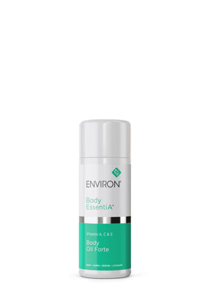 Against a white background stands a bottle of Environ Vitamin A, C & E Body Oil, designed to nourish sun-damaged skin.