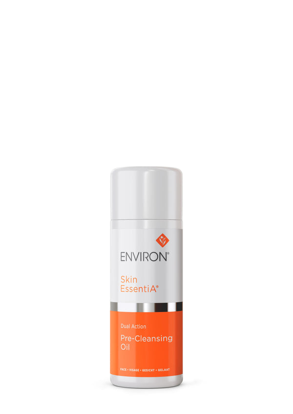 The Environ Dual Action Pre-Cleansing Oil in a sleek white and orange bottle with a white cap effortlessly emulsifies, leaving your skin clean and moisturized.