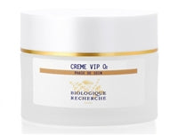 The Biologique Recherche Crème VIP O2 is a white jar with a gold-striped lid, serving as an oxygenating cream that brightens the complexion and provides antipollution protection.