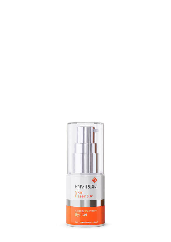 A bottle of Antioxidant and Peptide Eye Gel features a convenient pump dispenser and an eye-catching orange label.