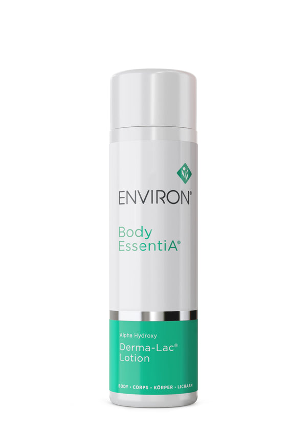 The Environ Alpha Hydroxy Derma-Lac Lotion, in a white and green bottle, stands upright against a white background, providing a refined blend of moisturizers to improve skin texture.