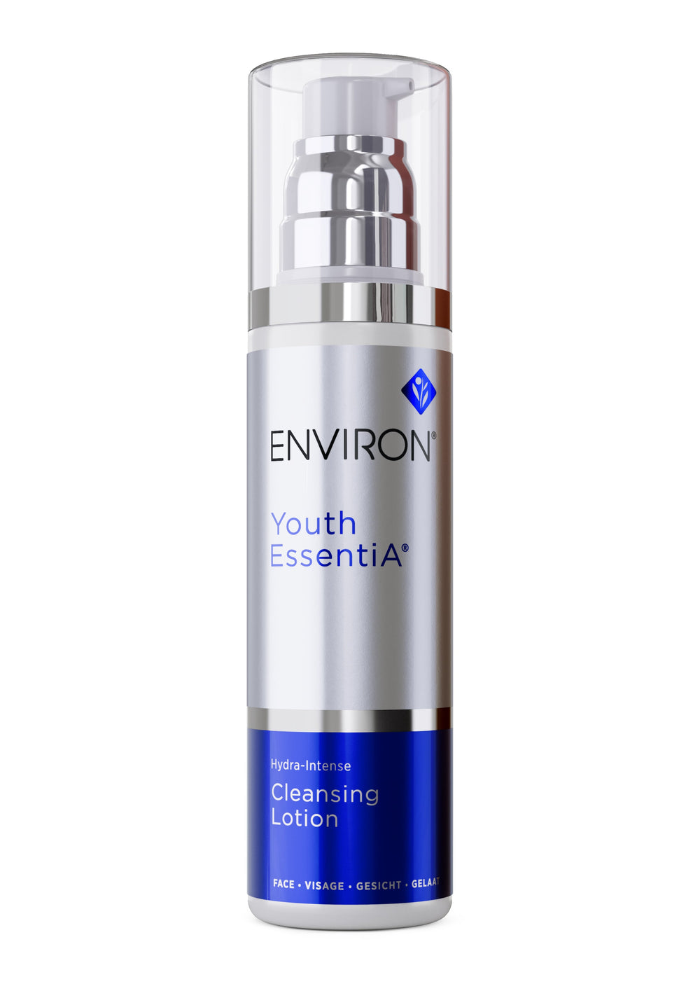 The Environ Youth EssentiA Hydra-Intense Cleansing Lotion, designed to maintain natural pH balance, boasts a sleek silver pump with a stylish blue accent label.