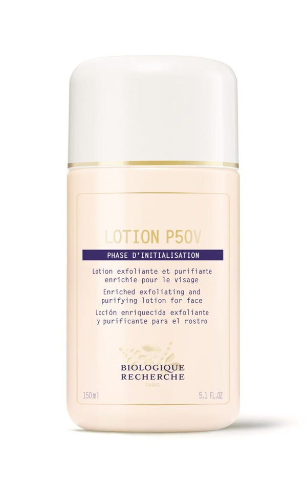 A 150ml bottle of Biologique Recherche Lotion P50V, an enriched facial exfoliating and purifying lotion that tones and helps reveal a refreshed complexion.