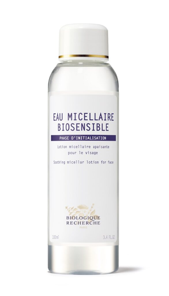 A 100 ml clear bottle of Biologique Recherche Eau Micellaire Biosensible, a soothing micellar water and gentle makeup remover for sensitive skin.