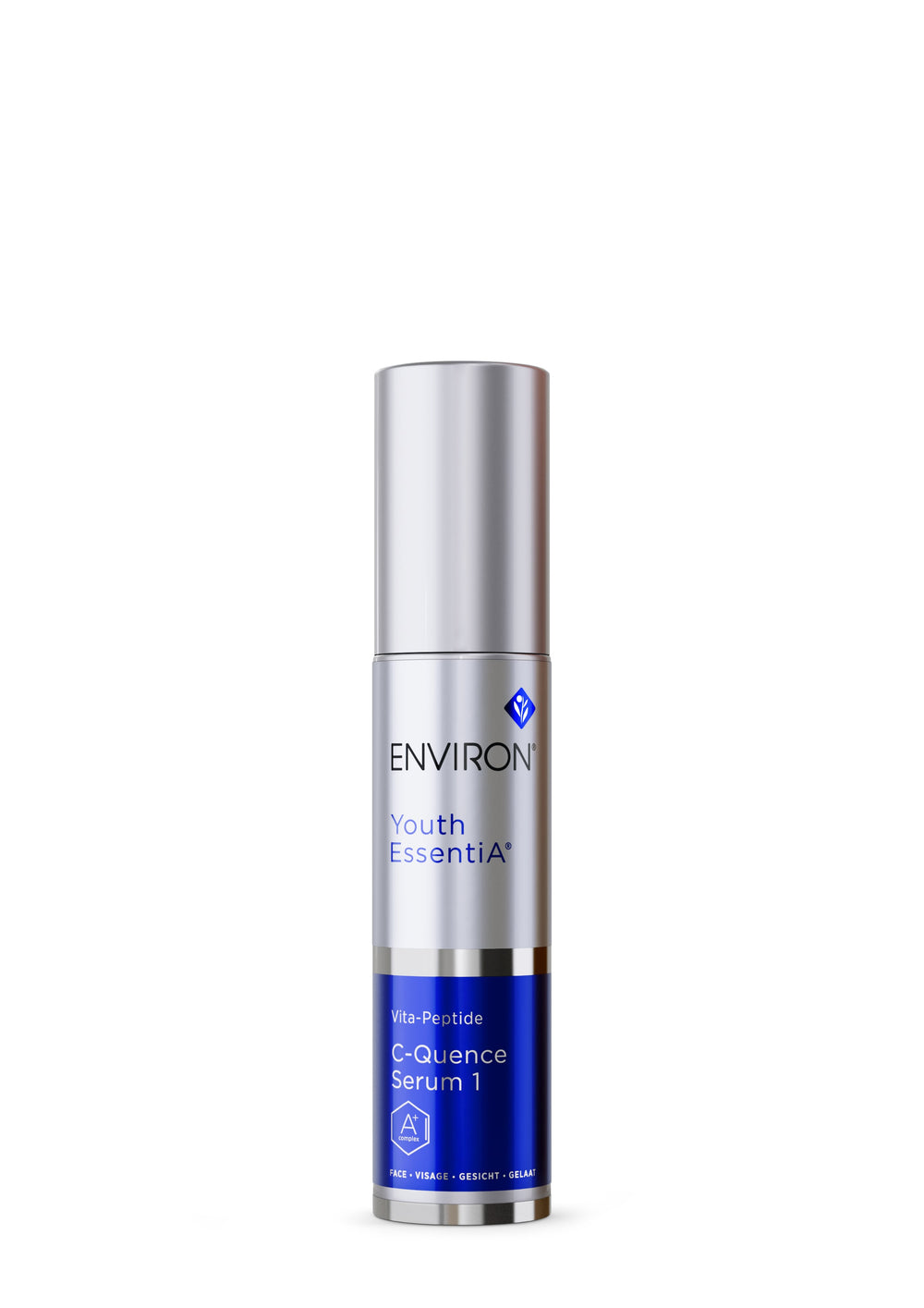 A silver and blue bottle of Environ Youth EssentiA C-Quence Serum 1, enriched with essential vitamins to revitalize aging skin.