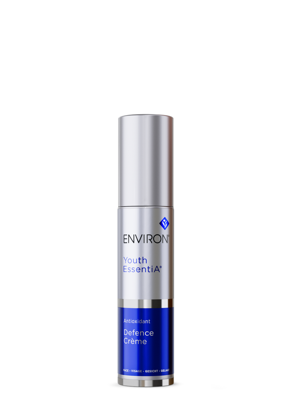 The Environ Antioxidant Defence Crème, in a sleek silver and blue bottle, is infused with vitamin C to enhance youthful radiance.