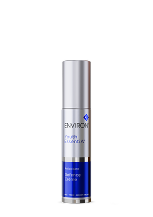 The Environ Antioxidant Defence Crème, in a sleek silver and blue bottle, is infused with vitamin C to enhance youthful radiance.