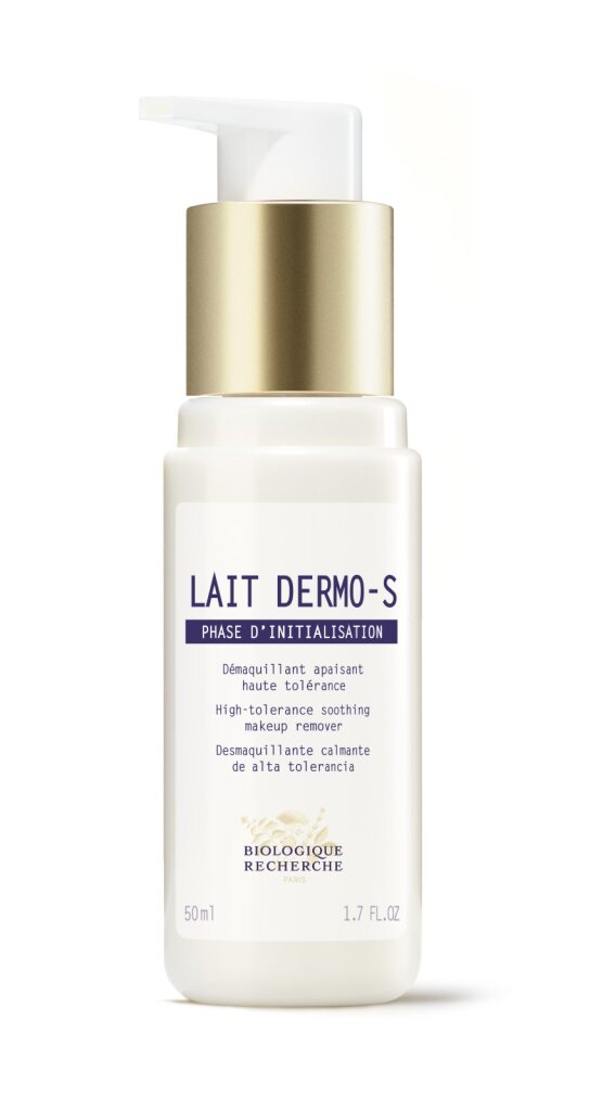 Biologique Recherche Lait Dermo-S is a gentle makeup remover and cleanser for sensitive skin, presented in a white bottle with a gold and white pump dispenser. The label features both French and English text.