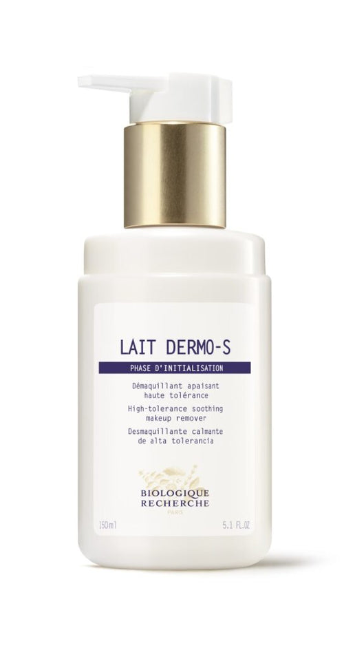 Biologique Recherche Lait Dermo-S is a 150ml white pump bottle cleanser for sensitive skin, featuring a soothing formula that gently removes make-up.