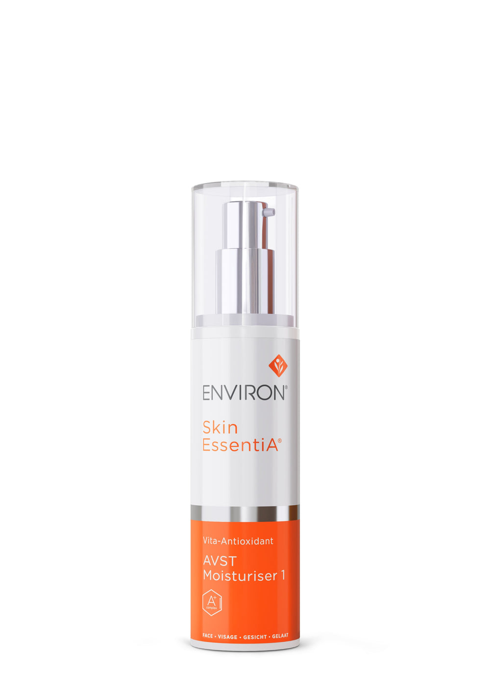 The Environ Skin EssentiA AVST Moisturizer 1 bottle features a silver pump top and orange label, enriched with Vitamin A.