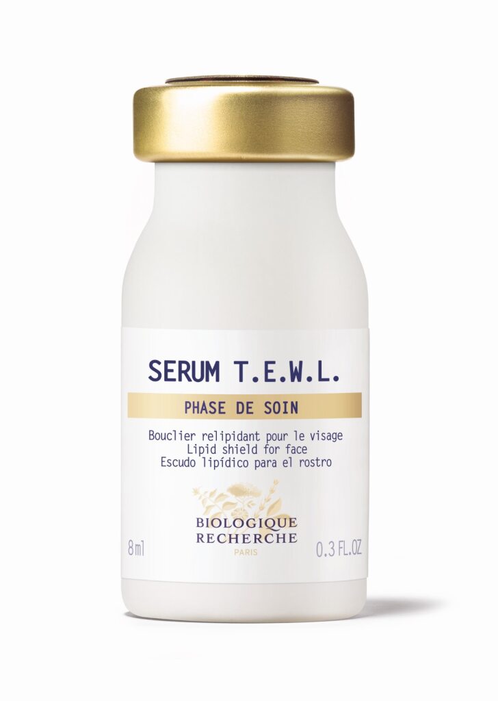 A 30ml white bottle of Biologique Recherche Serum T.E.W.L., featuring a gold band, acts as a lipidic shield serum designed for dehydrated or lipid-deficient skin.