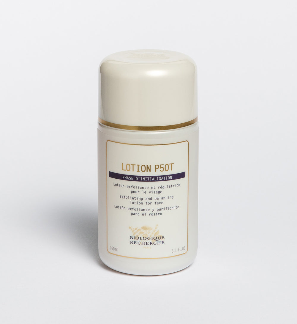 A 150ml bottle of P50T exfoliates and balances the skin for a matte look, shown on a plain white background.