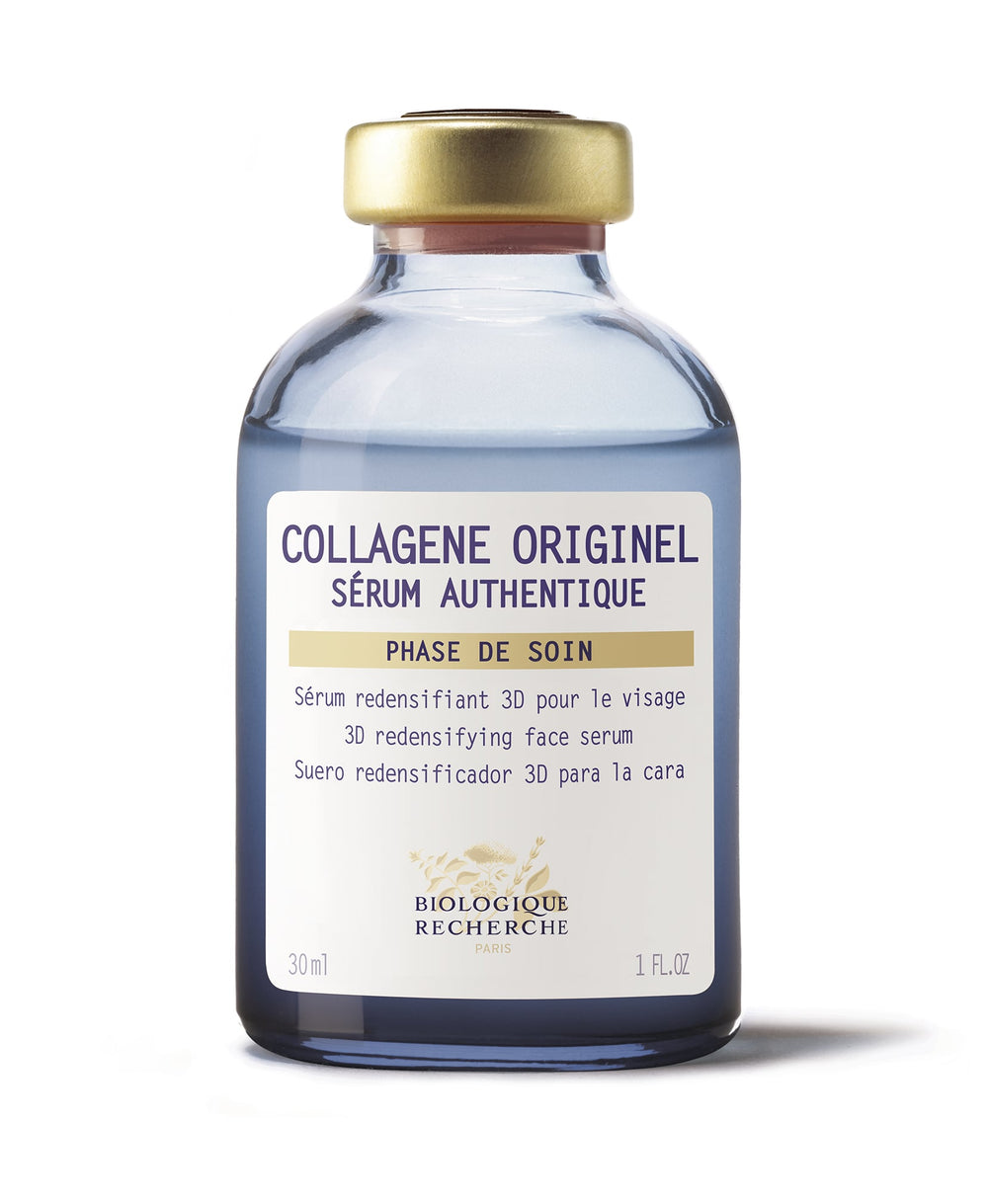 A 1 oz bottle of Collagène Originel, enriched with Type-0 Collagen for wrinkle reduction. Includes 3D redensifying face serum text in French, English, and Spanish, along with the iconic Biologique Recherche Paris logo.