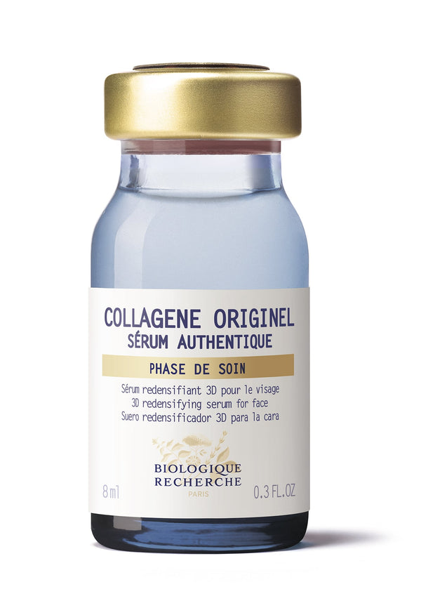 An 8 ml bottle of Collagene Originel 0.3oz, topped with a gold cap, contains Type-0 Collagen to redensify skin and reduce wrinkle length.