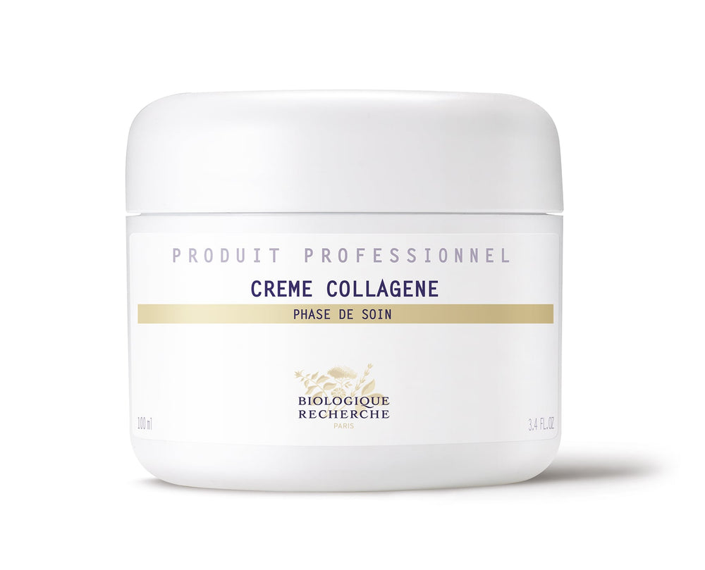 A white jar labeled "Crème Collagène" with the Biologique Recherche logo, designed to promote collagen synthesis and combat skin aging.