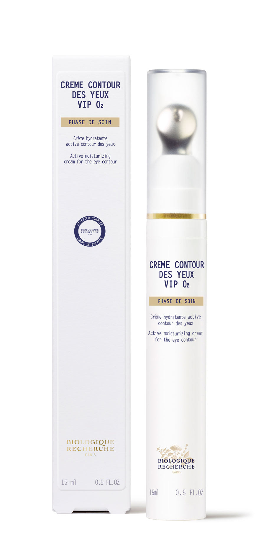 A white cylindrical bottle of New Formula - Creme Contour des Yeux VIP O2 eye cream with a metallic roller applicator and clear cap, designed to target dark circles, stands upright on a plain white background.