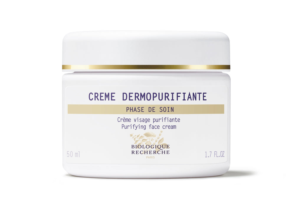 The 50 ml Biologique Recherche Crème Dermopurifiante, labeled "Phase de Soin," is a purifying cream that regulates sebum and is ideal for seborrheic skin care.