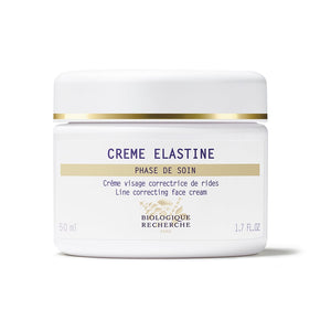 Biologique Recherche Crème Elastine, a 50 ml white and gold jar of regenerating face cream, is a luxurious anti-aging solution crafted to correct lines.