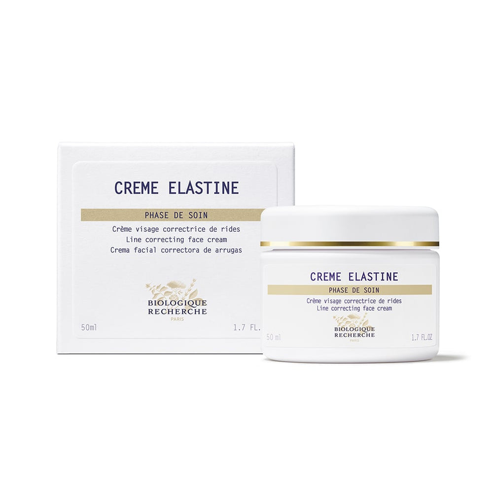 Biologique Recherche Crème Elastine, a 50 ml white and gold jar of regenerating face cream, is a luxurious anti-aging solution crafted to correct lines.