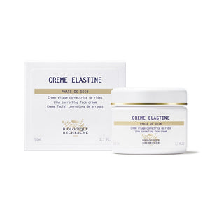Image shows a white jar and box of Biologique Recherche Crème Elastine, a 50ml (1.7 fl oz) line-correcting, moisturizing face cream with regenerating properties.