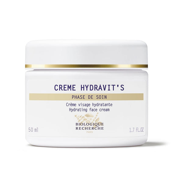 A 50 ml jar of Biologique Recherche Crème Hydravit's, a hydrating face cream with yeast extracts, elegantly sits against a pristine white backdrop.