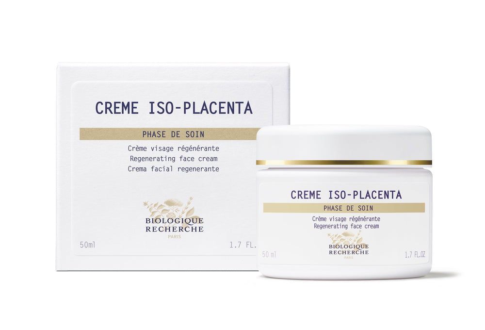 White jar of Biologique Recherche Crème ISO-Placenta face cream with gold accents, promising regeneration and reducing pigmentation.