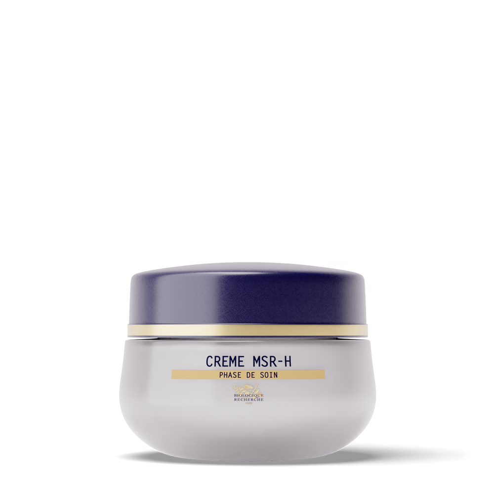 A white and purple jar labeled "Biologique Recherche Crème MSR-H," an anti-aging cream for mature skin, is shown against a plain white background.