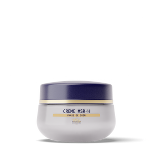 A white and purple jar labeled "Biologique Recherche Crème MSR-H," an anti-aging cream for mature skin, is shown against a plain white background.