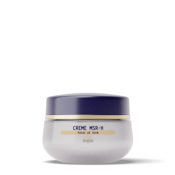 A white and purple jar labeled "Biologique Recherche Crème MSR-H," an anti-aging cream for mature skin, is shown against a plain white background.