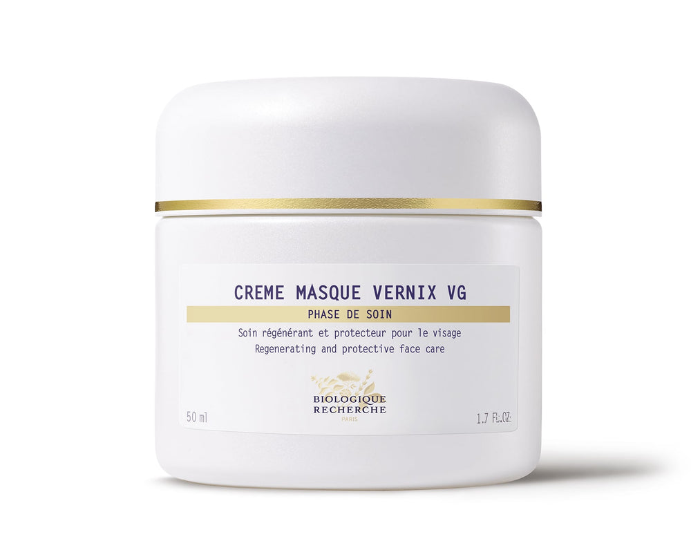 A 50 ml white jar of Biologique Recherche Crème Masque Vernix VG, regenerative and protective face care with antioxidant peptides, featuring a white and gold cap.