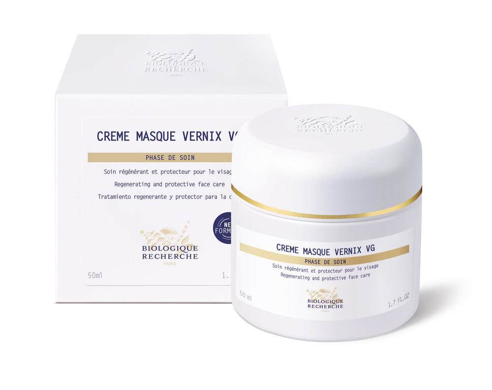 A 50 ml white jar of Biologique Recherche Crème Masque Vernix VG, regenerative and protective face care with antioxidant peptides, featuring a white and gold cap.