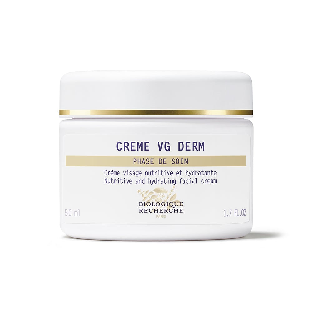 A 50 ml white jar of Biologique Recherche Crème VG Derm, rich in Essential Fatty Acids, nourishes and hydrates dehydrated skin against a pristine white background.