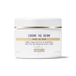 A 50 ml white jar of Biologique Recherche Crème VG Derm, rich in Essential Fatty Acids, nourishes and hydrates dehydrated skin against a pristine white background.