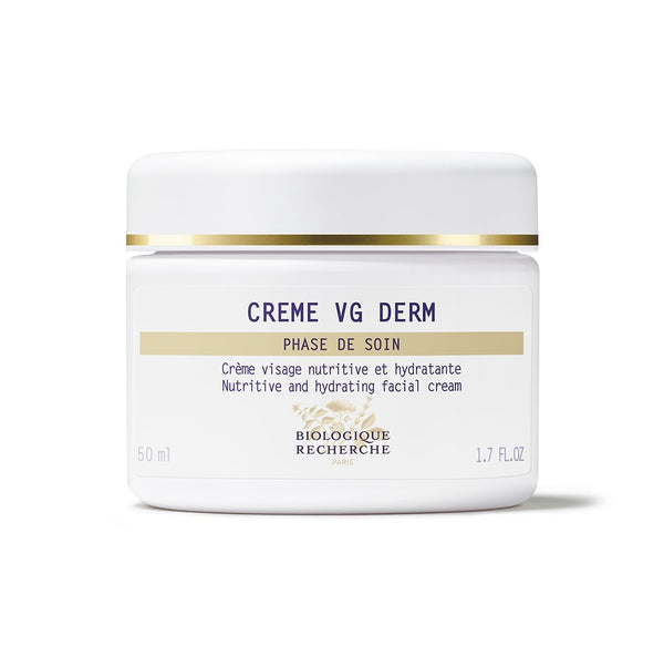 A 50 ml white jar of Biologique Recherche Crème VG Derm, rich in Essential Fatty Acids, nourishes and hydrates dehydrated skin against a pristine white background.
