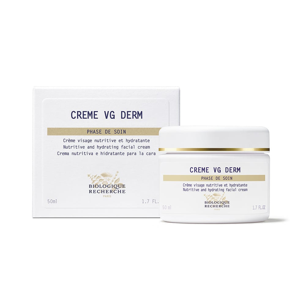 A 50 ml white jar of Biologique Recherche Crème VG Derm, rich in Essential Fatty Acids, nourishes and hydrates dehydrated skin against a pristine white background.