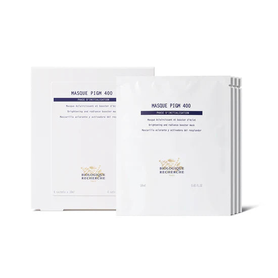 Biologique Recherche Masque PIGM 400 packets and box are displayed against a white background, ideal for targeting uneven pigmentation.