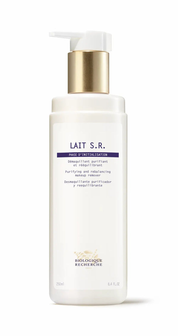 The Biologique Recherche Lait S.R 8.4 oz is a purifying white makeup remover for oily skin with sebum regulation, featuring a pump dispenser and gold accent.