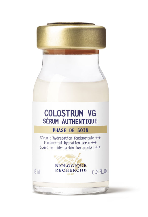 A small bottle of Colostrum VG Small .3 oz with a gold cap contains 8 ml of hydrating serum enriched to fortify the protective lipid film.