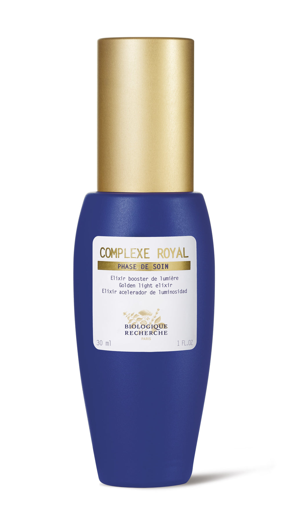 A blue and gold bottle labeled "Biologique Recherche Complexe Royal - 1 oz" sits next to its white and gold box, promising radiant skin with its regenerating serum.